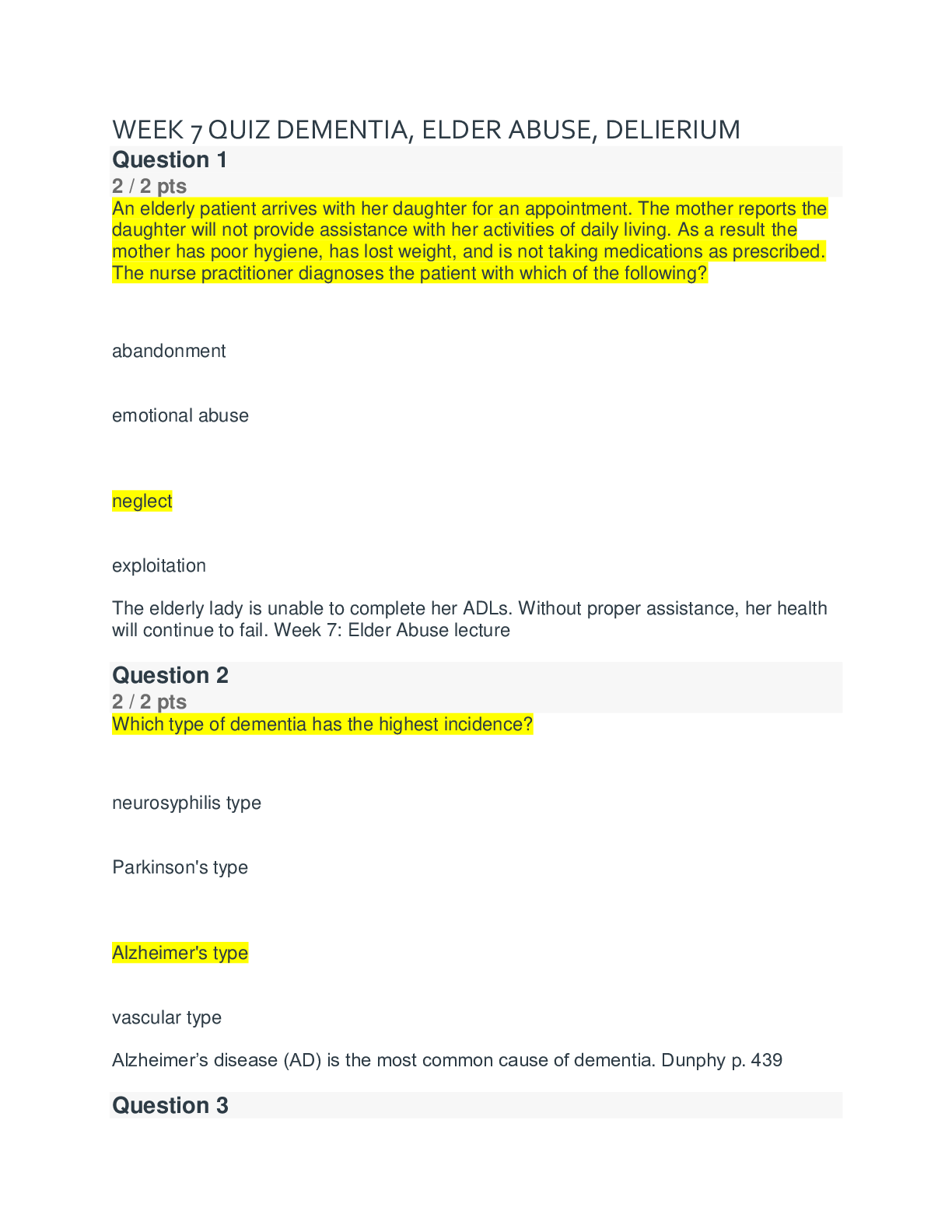 Preview of NR 601 WEEK 7 QUIZ DEMENTIA, ELDER ABUSE, DELIERIUM (100% CORRECT)